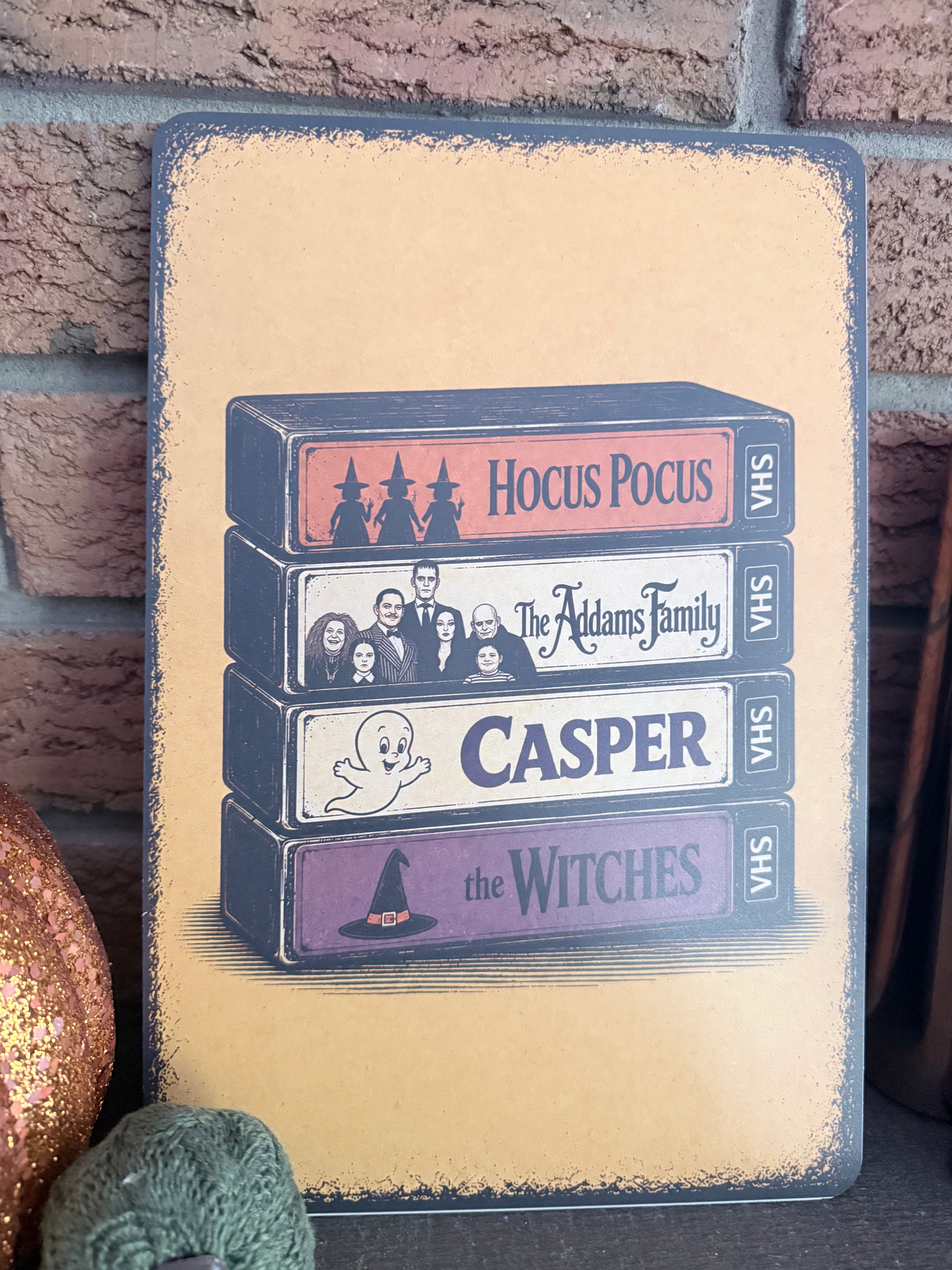 90s Halloween VHS Stack Aluminum Sign – 12×8